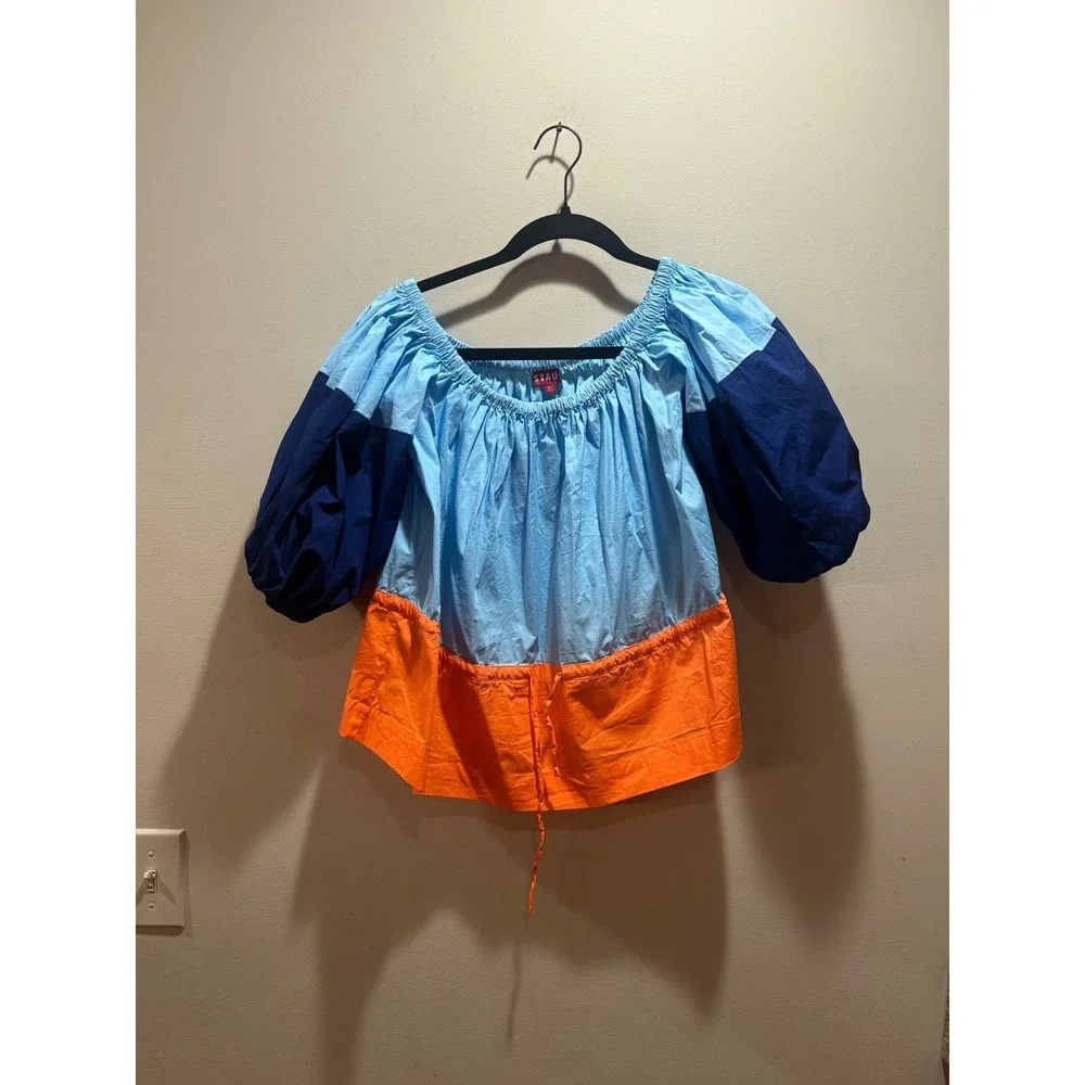STAUD Colorblock Off The Shoulder Puff Sleeve Top Blue Orange XS Poplin Blouse